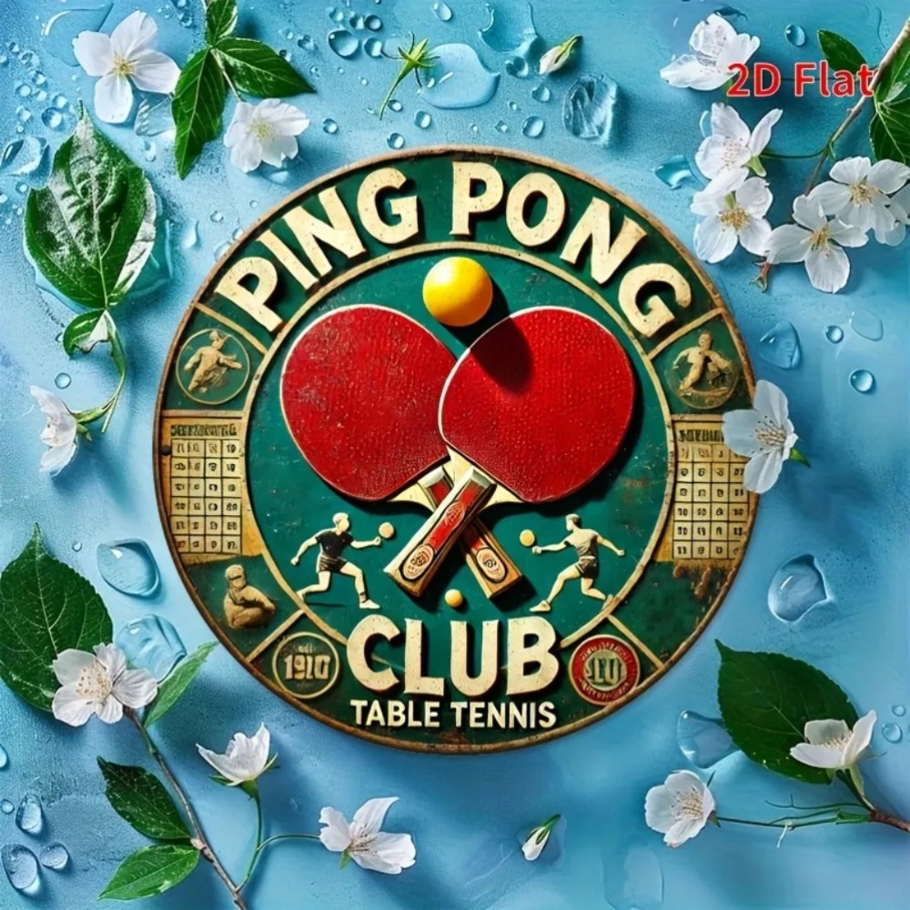 Table Tennis History - 2Dフラットビンテージ卓球クラブ卓球ラウンドメタルサインレトロスポーツ素朴なブリキ板壁飾りゲームルームバーマンケーブ用