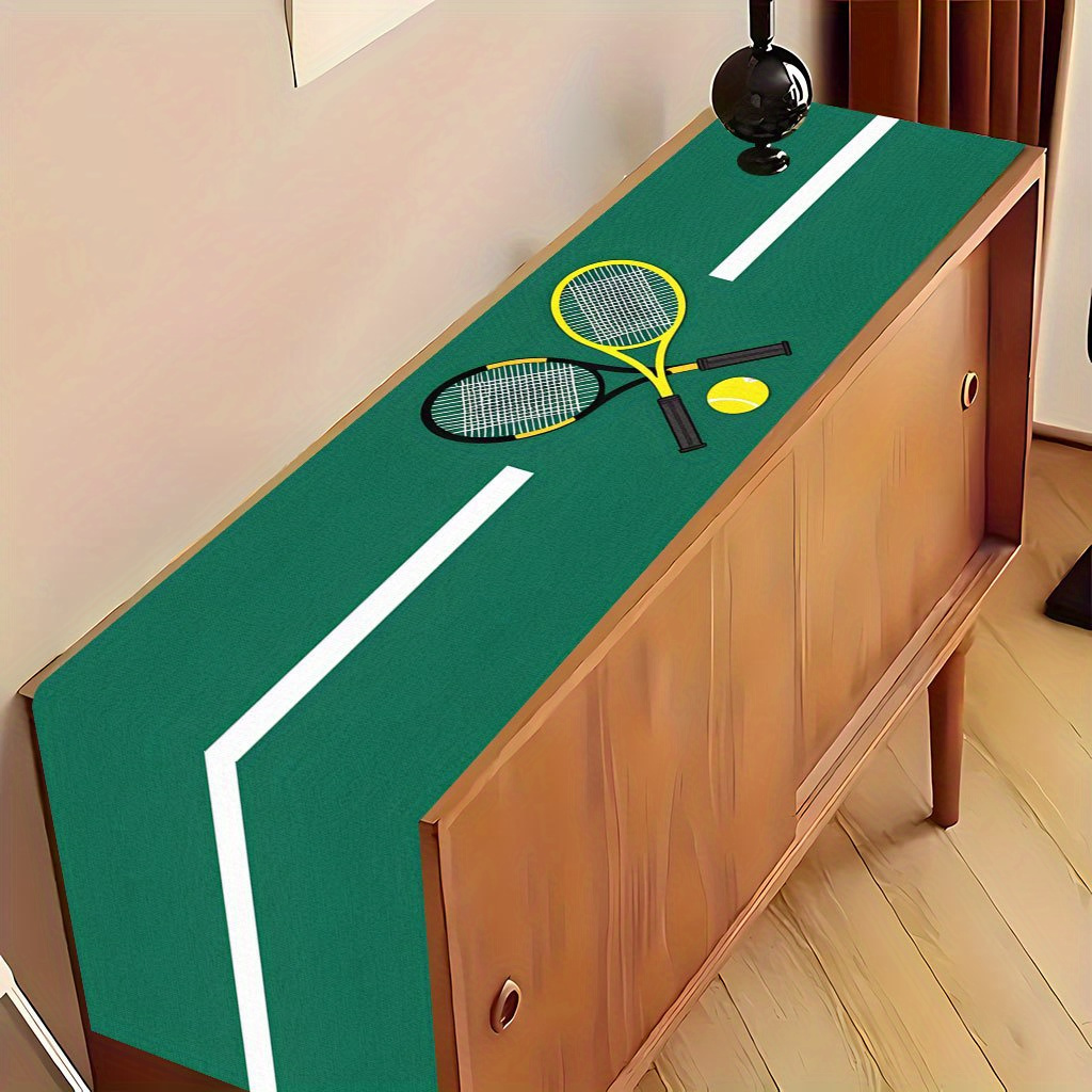 Table Tennis News Today - 鮮やかなテニスラケットとボールのテーブルクロス - ホリデーキッチン、ダイニング、ホームパーティー用のクールなスポーツコートモチーフのテーブルカバー