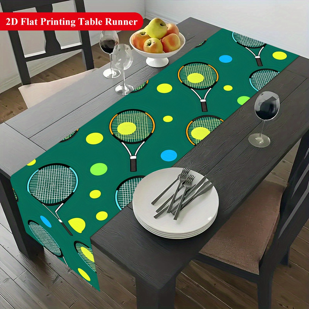 Table Tennis News Today - テニスボールとラケット柄のテーブルランナー、ダイニングコーヒーテーブル、キッチン、家族のパーティー、休日に最適な鮮やかな装飾品
